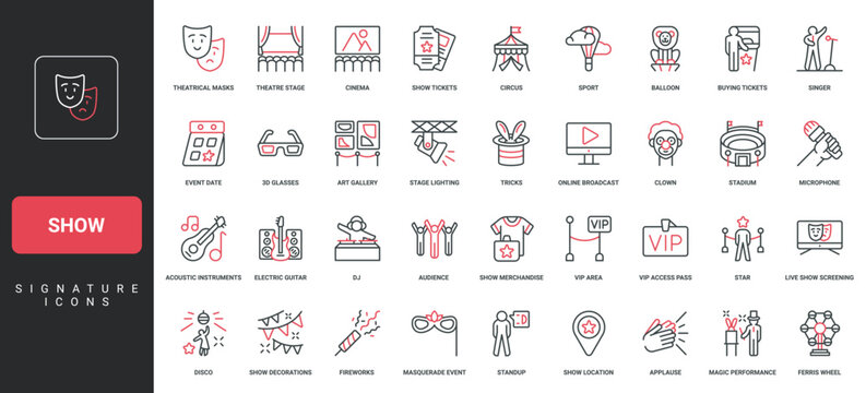 Show and event, performance for audience in circus and theater, cinema and concert line icon set. Magic illusionist tricks, fireworks display, spotlight thin black and red symbols vector illustration