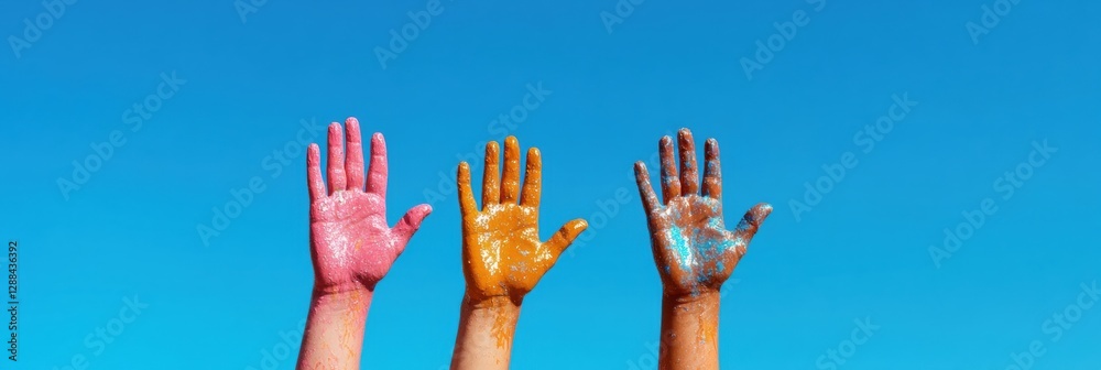 Poster vibrant expression painted hands in skyward collaboration - creative learning content for artistic e