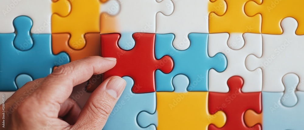Poster Dynamic Puzzle Collaboration Hands Assembling Colorful Puzzle Pieces on Sleek Surface - Strategic Problem-Solving and Partnership Visuals for Business Innovation and Team Building Content
