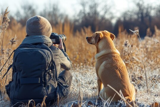 Photographer captures serene moment with loyal dog in golden field during early morning light