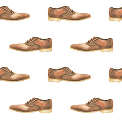 Gentlemen formal leather brown shoes watercolor seamless pattern. Hand drawn male hipster footwear background for father's day decor, wallpaper, scrapbooking design. Retro classic boots