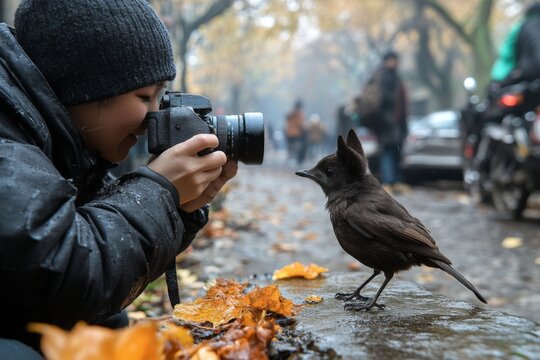 Young photographer captures a close-up moment with a curious bird on a misty autumn street