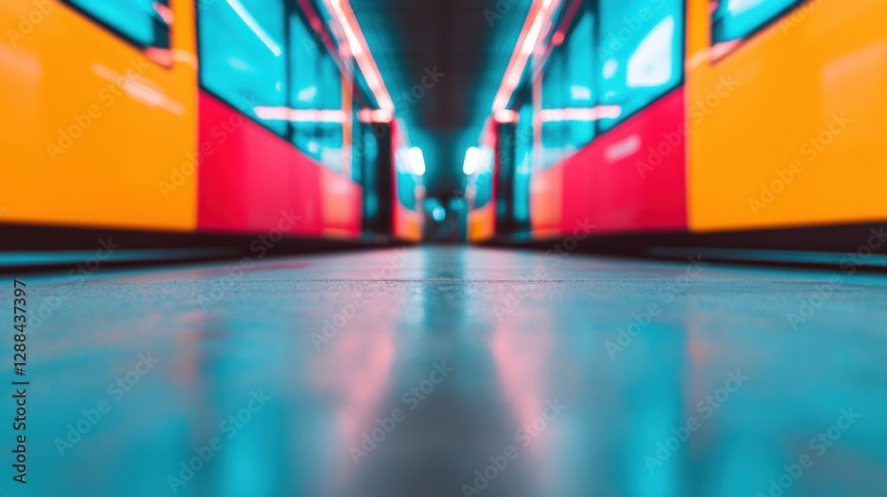 Poster Vibrant Neon Transit Hub Glass-Structured Bus Station Interior with Illuminated Paths - Urban Mobility Enhancer and Smart City Infrastructure