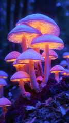 Glowing Mushrooms In Dark Forest