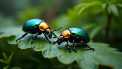 Fototapeta premium beetle on leaf with dew drops, macro photography, in tropical rainforest, realistic