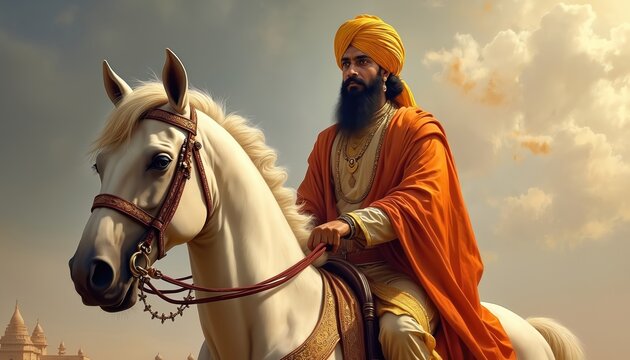 Digital illustration of Guru Gobind Singh riding a white horse. Sikh warrior in traditional dress with turban and beard. Religious procession banner, festive background for spiritual devotion event.