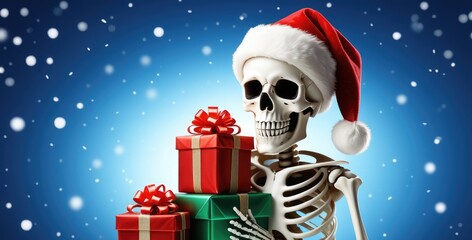 Festive skeleton in santa hat holding gift boxes in snowy winter scene