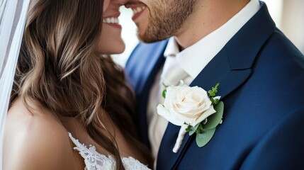 A close-up of a couple exchanging smiles and holding each other.