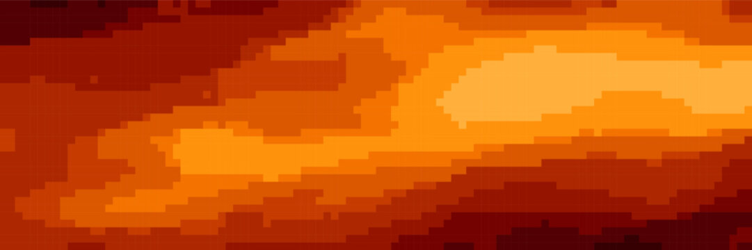 Pixel flame bg in retro 8 bit game style. Gradient background with square pattern of fira wall or sunset clody sky