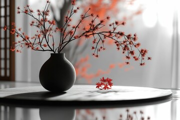 Red flowers in vase, minimalist zen scene