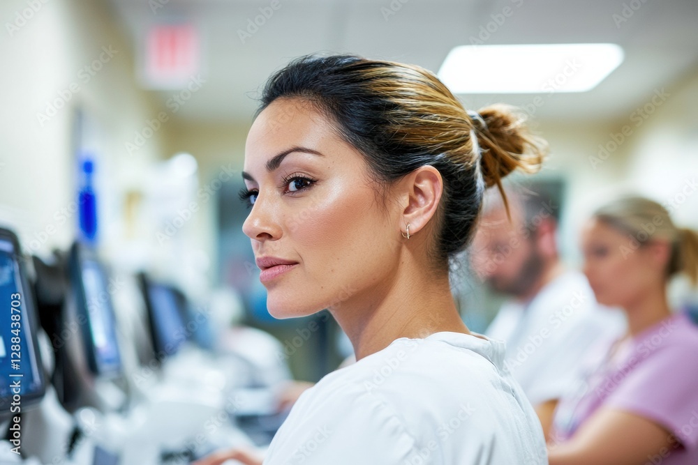 Aufkleber modern healthcare synergy diverse hospital team utilizing tech for efficient patient management - co