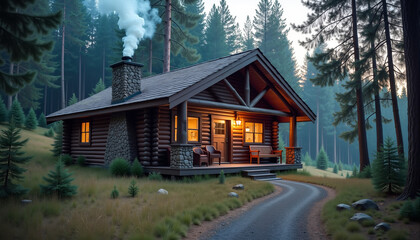 Cozy log cabin in the forest with warm lights at dusk