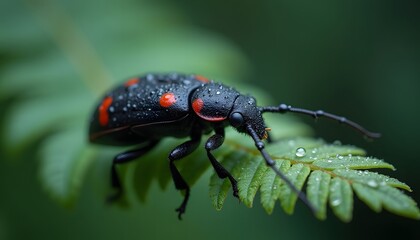 Fototapeta premium beetle on leaf with dew drops, macro photography, in tropical rainforest, realistic