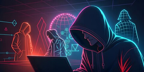 Cyberpunk Hackers: Neon Glow, Digital Stealth.  Intriguing mystery unfolds. Digital Security Concept