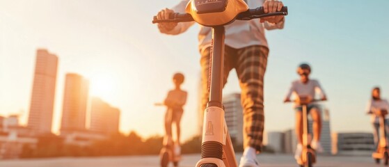 Smart Urban Commuting Diverse Professionals Riding Electric Scooters in Modern Cityscape - Sustainable Mobility for Innovative Transit Solutions
