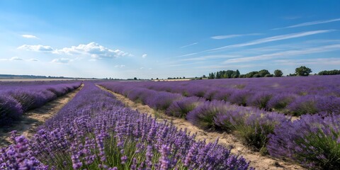 Fototapeta premium Serene Lavender Fields under a Summer Sky. Tranquil purple blooms stretch to the horizon.
