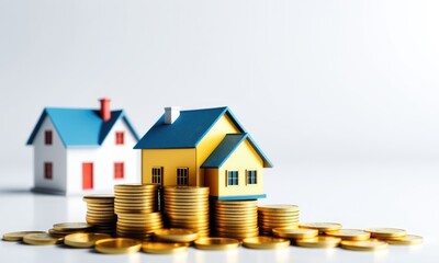 Real estate investment and home financial growth concept with coin stacks and miniature houses
