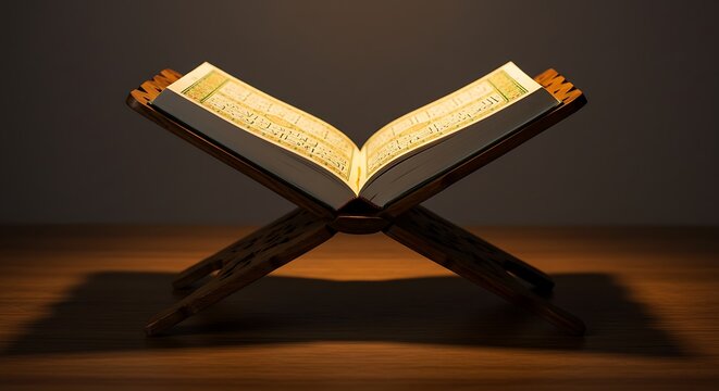 A wooden Quran stand (rihal) holding an open Quran under soft lighting.