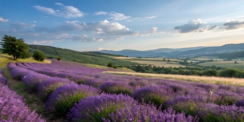 Obraz premium Serene Lavender Fields meet rolling hills under a vibrant sunset sky. Tranquility personified!