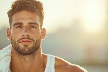 Obraz premium Portrait of confident man with sun-kissed skin, relaxed expressi