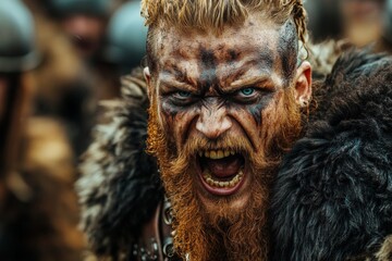 Viking warrior unleashes battle cry while rallying comrades during epic showdown in a rugged landscape
