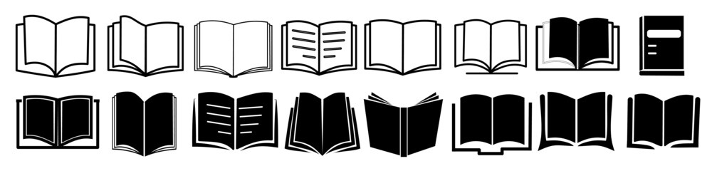 Open book icons set. Black logo isolated on white background vector illustration. 