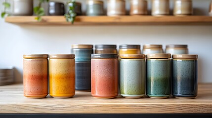 Ceramic spice jars in gradient arrangement, modern pantry organization, matte glaze variation, even diffused light, and muted spice colors, displayed on open shelving.