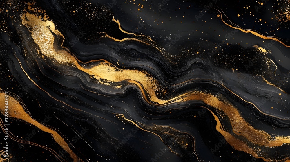 Poster Mesmerizing liquid flows and swirls in a dramatic cosmic landscape creating a captivating abstract visual with shimmering golden and dark hues