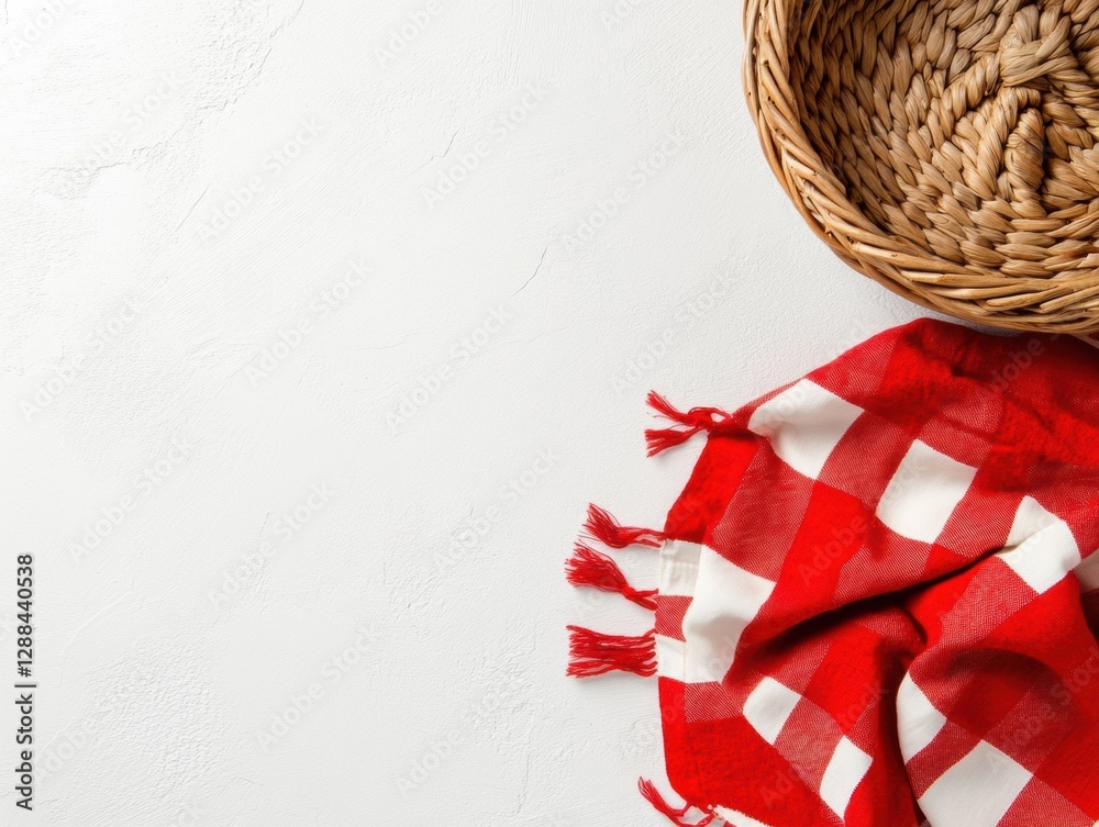 Poster rustic chic picnic basket handwoven wicker with checkered cloth on minimal surface modern outdoor di