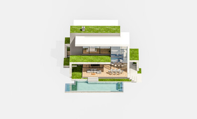 3d rendering of flat roof house with parking and pool for sale or rent with concrete facade and beautiful landscaping on background. Isolated on white