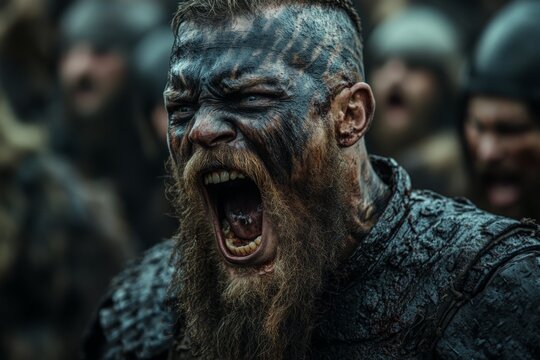 Intense warrior battle cry in ancient setting amidst fierce warriors preparing for combat
