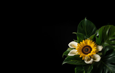 Floral arrangement with a sunflower, white calla lilies, and green leaves on a black background. Elegant composition with space for text.