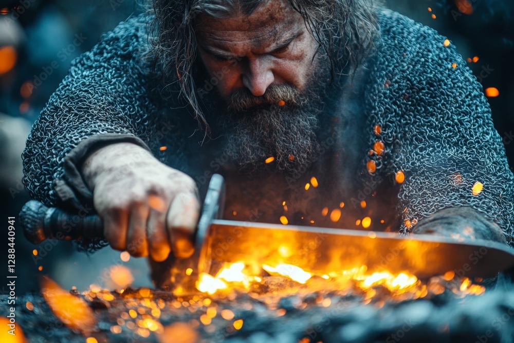 Poster blacksmith forging a sword with sparks flying in historic workshop during the day