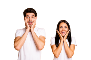 Photo of amazing couple not believe low shopping prices need to buy something wear casual t-shirts isolated yellow color background