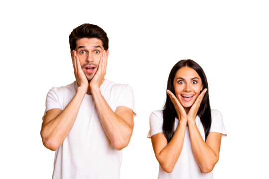 Photo of amazing couple not believe low shopping prices need to buy something wear casual t-shirts isolated yellow color background