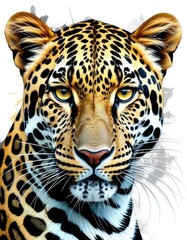 Obraz premium Vibrant leopard portrait with intense gaze and detailed spots on abstract background
