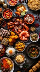 Fototapeta premium Culinary Feast: A vibrant, overhead view of a diverse array of delicious, beautifully arranged dishes, perfect for showcasing culinary excellence. 