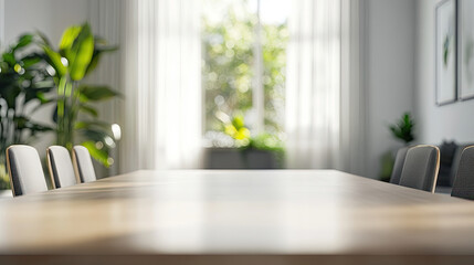 Bright Minimalist Room with Wooden Table, Chairs, and Plants