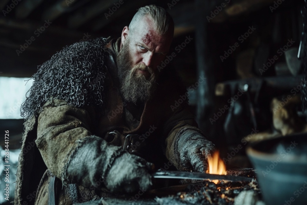 Poster blacksmith crafts metalwork in a rustic workshop during winter in a historic setting