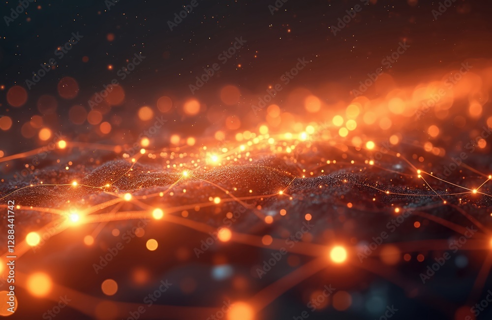 Fototapete Abstract glowing network background. Orange data nodes connecting internet cloud. Futuristic information technology for business solutions. Big data transfer and storage cyberspace system on web.
