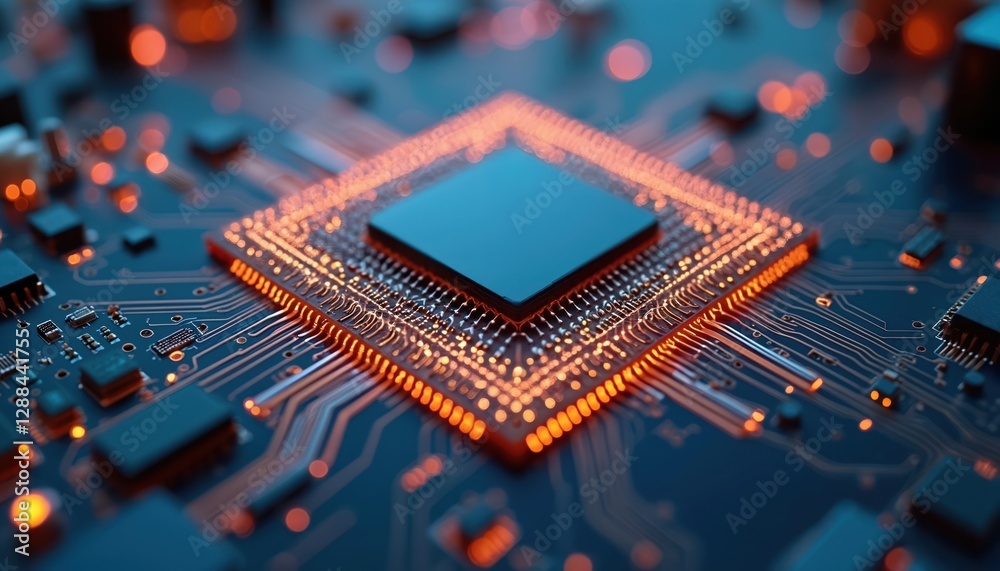 Leinwandbilder Close-up of computing processor, CPU, microchip on circuit board. Computer digital blue, orange background. Electronic circuit, integrated hardware shows connection, modern tech, digital design,