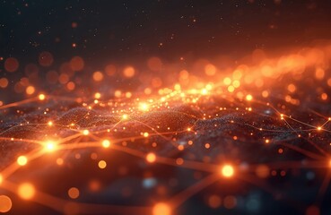 Abstract glowing network background. Orange data nodes connecting internet cloud. Futuristic information technology for business solutions. Big data transfer and storage cyberspace system on web.