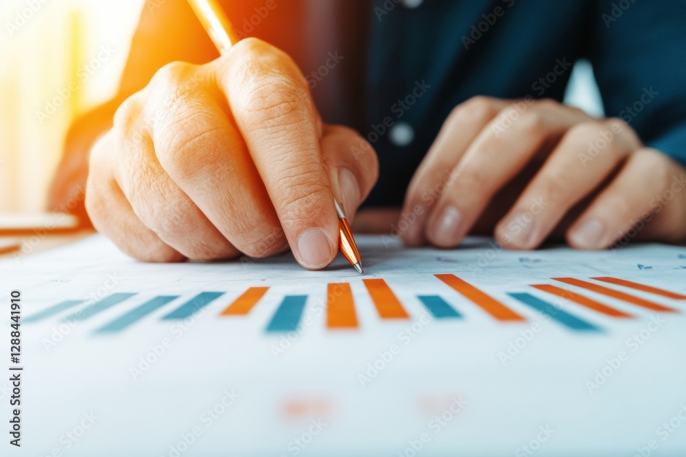 Poster collaborative business strategy meeting hands analyzing colorful graphs on paper - modern decision-m