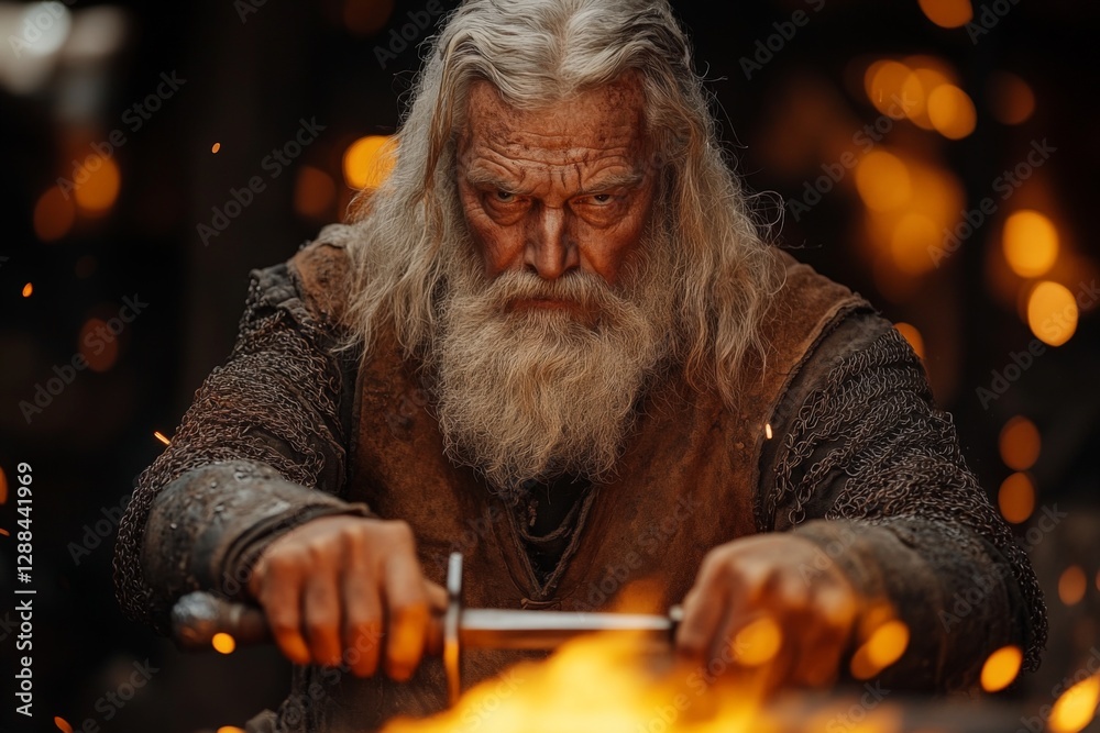 Poster elderly blacksmith forging a sword in a workshop surrounded by glowing embers