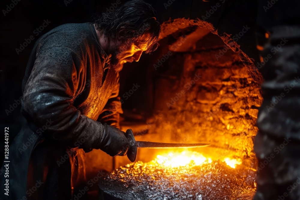 Poster blacksmith crafts sword in a dark forge illuminated by glowing embers during the medieval era