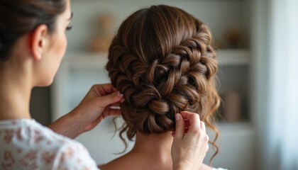 Fototapeta premium Hairdresser braids brunette womans hair into intricate updo coiffure. Preparation for special event. Bridal stylist makes elegant hairstyle for bride at beauty salon. Hairstyling service for brown