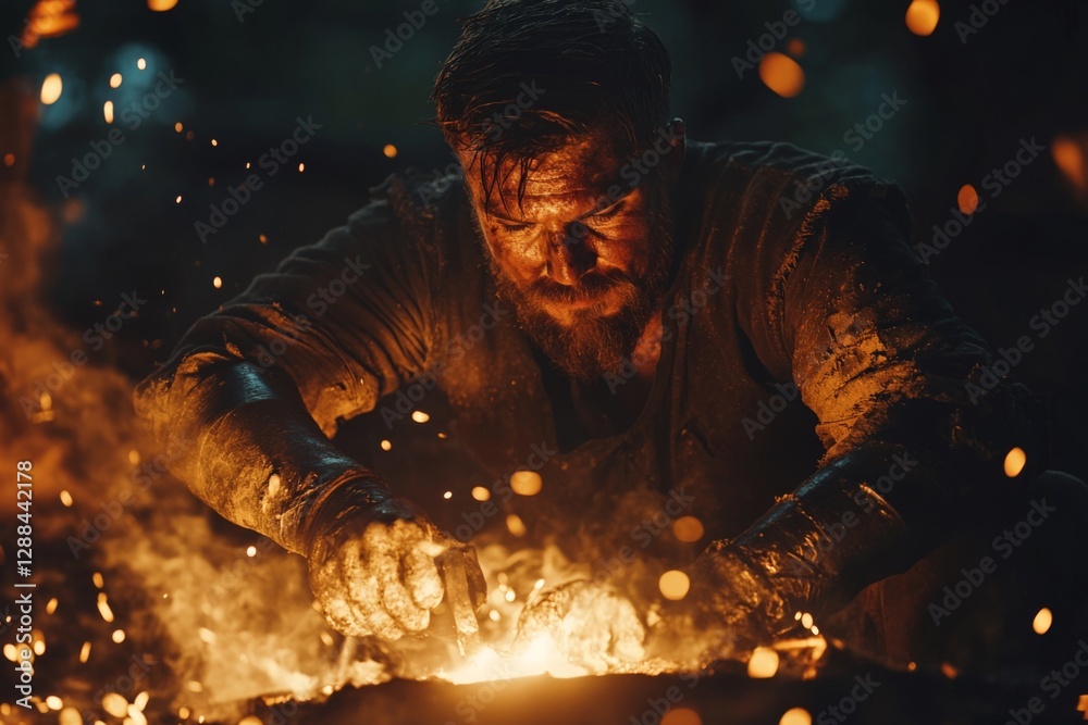Poster blacksmith working with glowing metal sparks flying in a dimly lit workshop during the evening