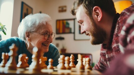 Warm Intergenerational Bonding Young Man and Elderly Woman Playing Chess in Cozy Living Room - Premium Family Content and Wellbeing Marketing Visual