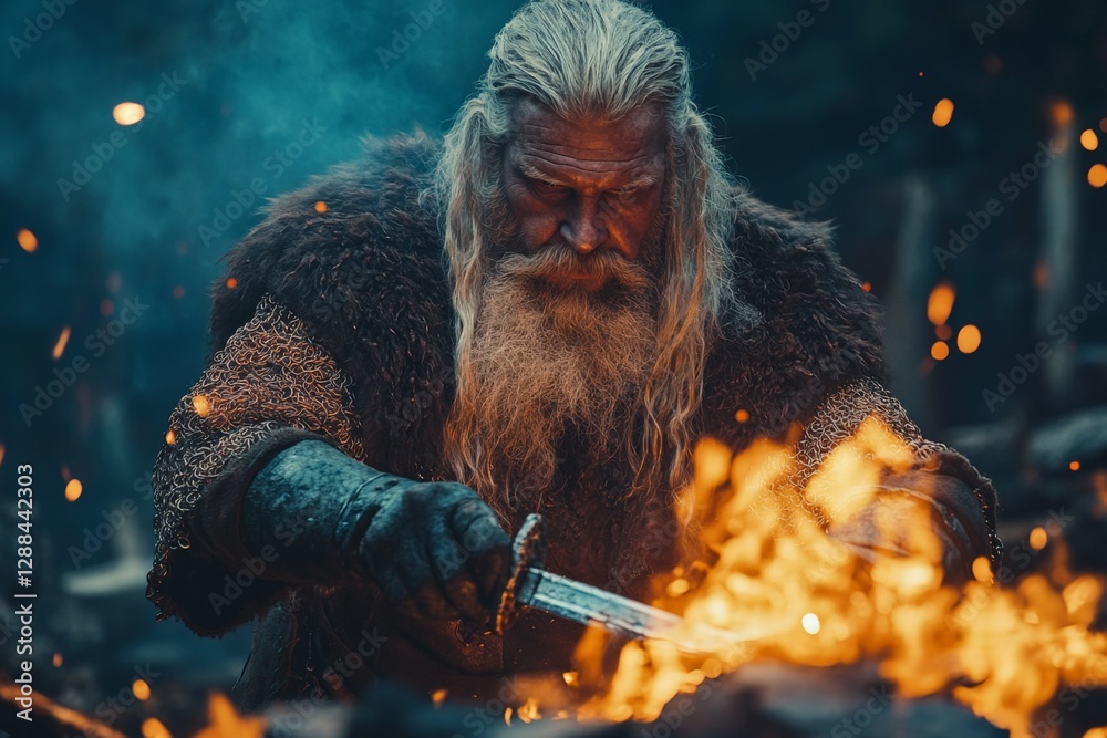 Aufkleber Craftsman in fiery forge creating a sword with great focus in a forest setting during twilight hours