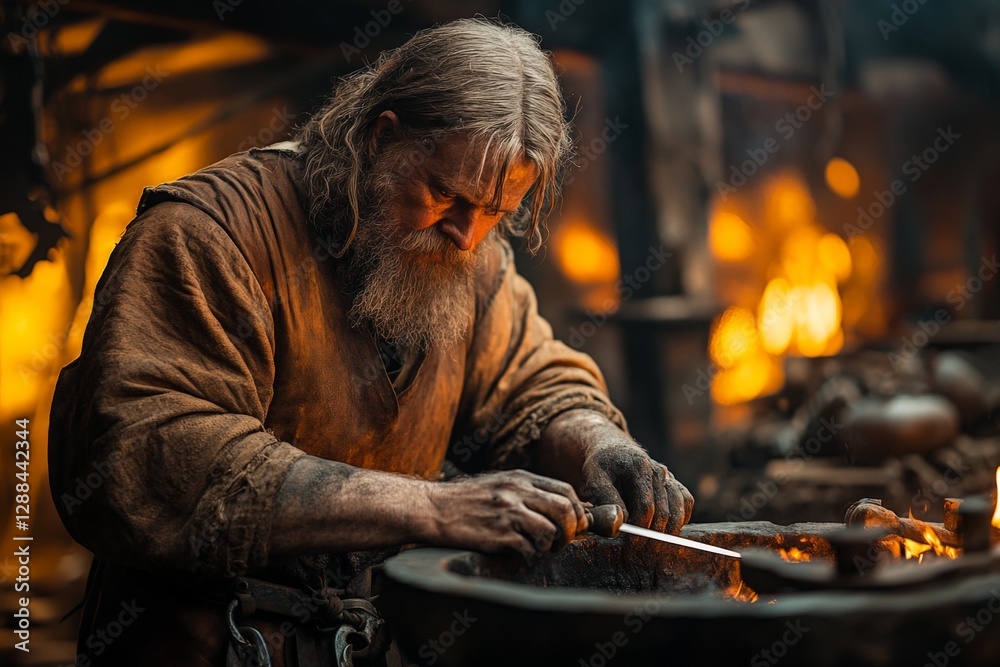 Poster skilled blacksmith in a rustic forge crafting a sword, illuminated by warm glowing embers and flames